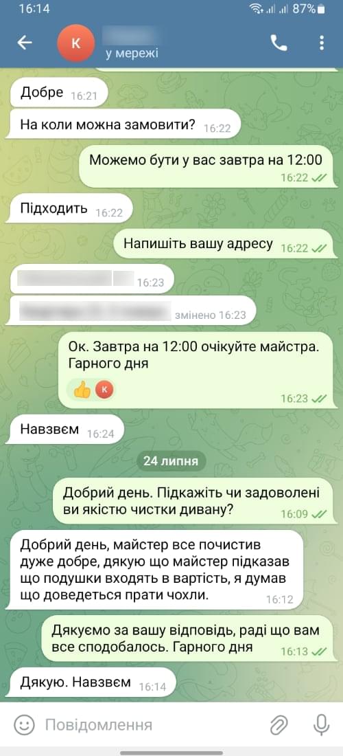 Добрий день, майстер все почистив дуже добре, дякую що майстер підказав що подушки входять в вартість, я думав що доведеться прати чохли.
